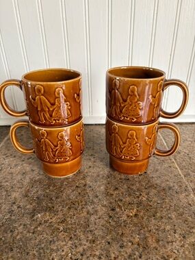 Set of 4 Vintage Style Brown Stoneware Mugs  made in Japan